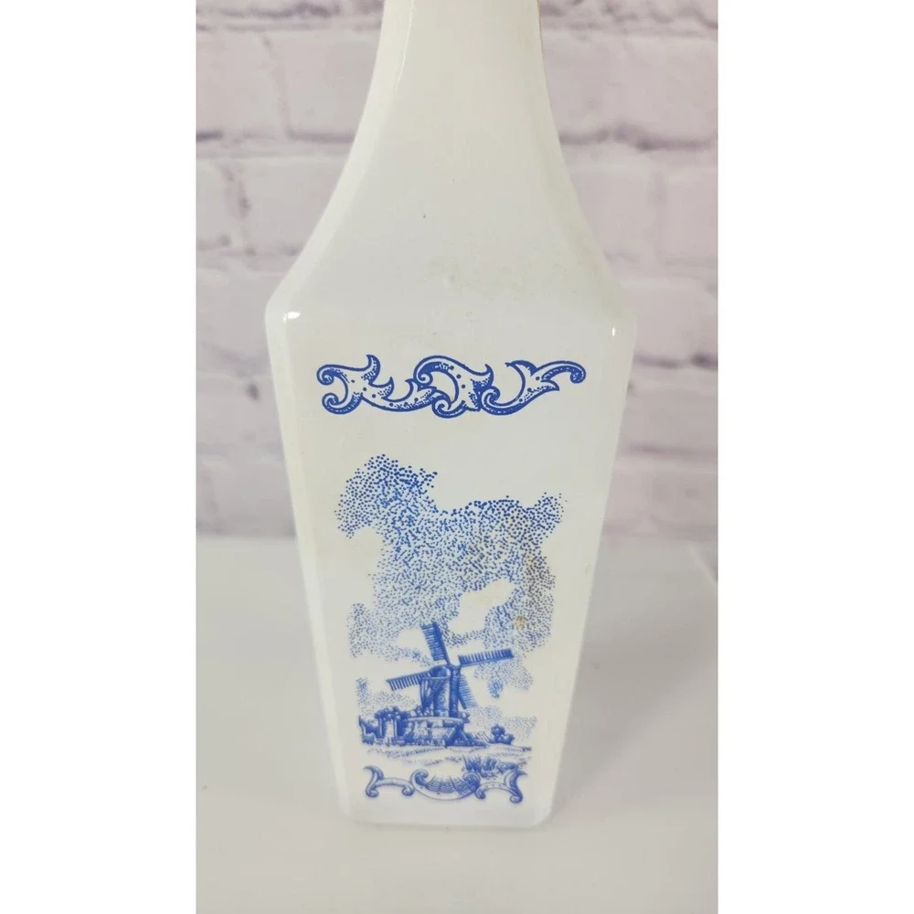 Vandermint Dutch Windmill Blue & White Liquor Bottle Tulip Cap Empty Vintage